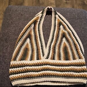 Crochet Halter Top Summer Pullover Stripe Sweater Cropped Small Bohemian